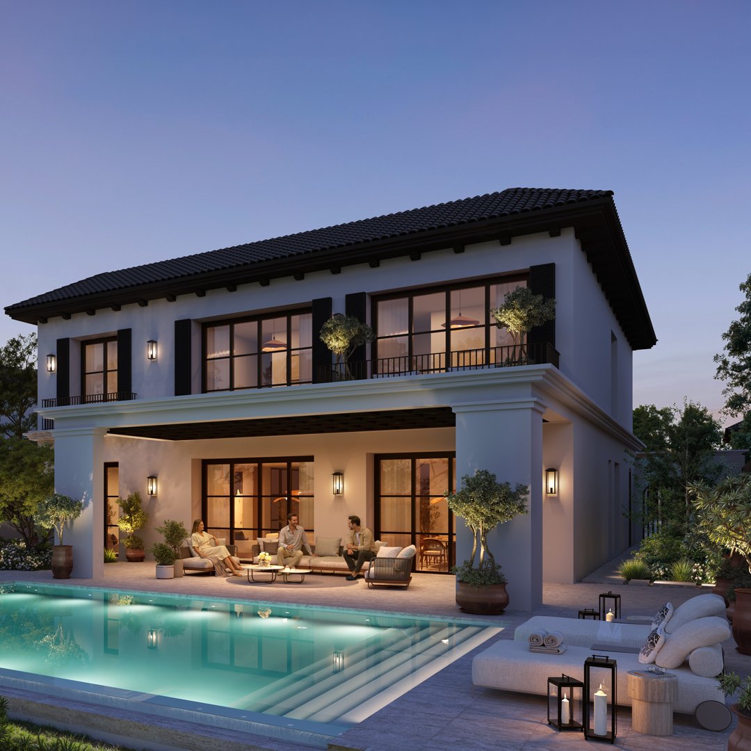 Illuminated Hudayriyat villa and pool at dusk