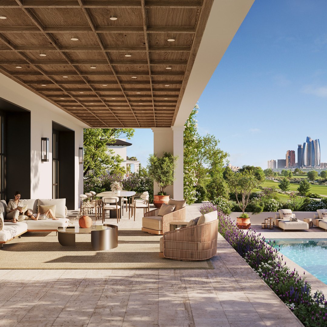 Hudayriyat villa terrace and pool with Abu Dhabi skyline views